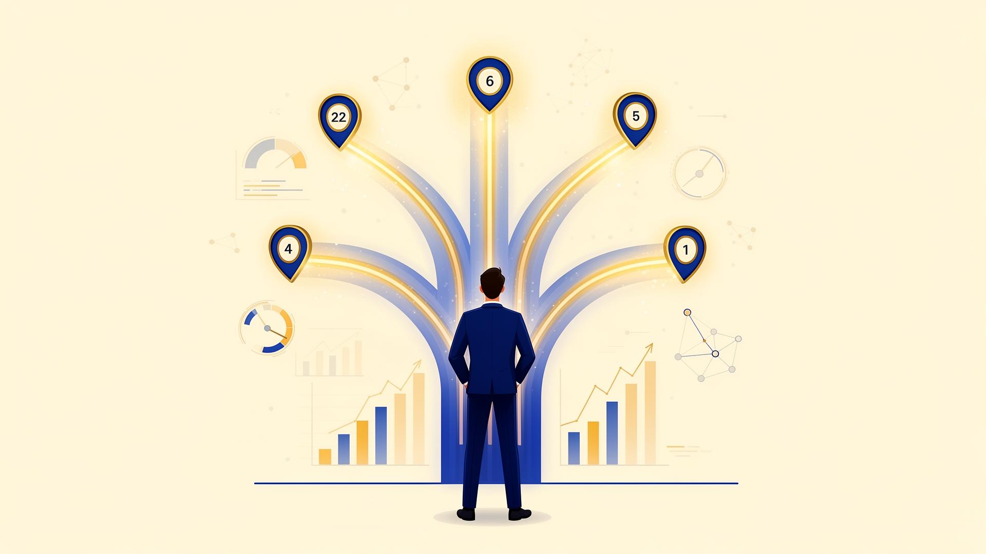 Professional at a career crossroads with multiple paths ahead